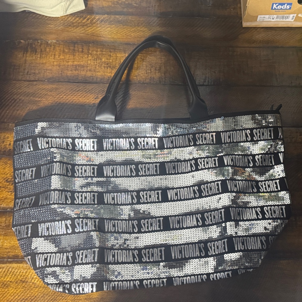 Victoria's Secret Black and Silver Sequin Duffel Bag